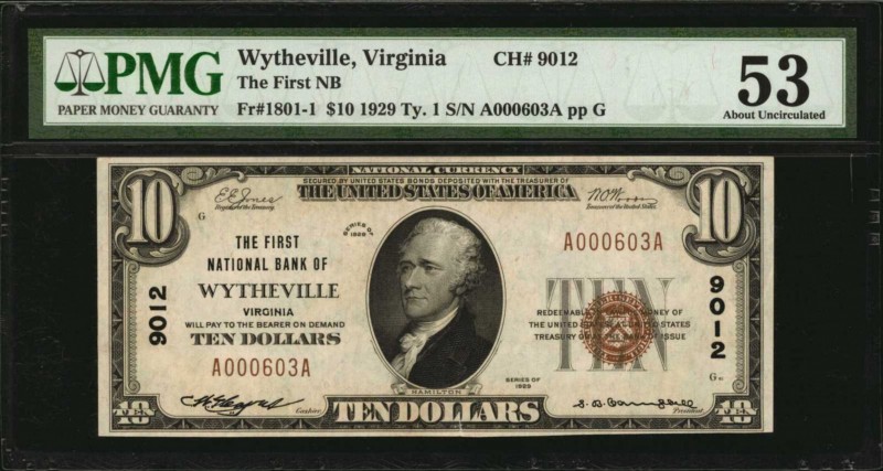 Virginia

Wytheville, Virginia. $10 1929 Ty. 1. Fr. 1801-1. The First NB. Char...