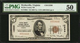 Virginia

Wytheville, Virginia. $5 1929 Ty. 1. Fr. 1800-1. Wythe County NB. Charter #12599. PMG About Uncirculated 50.

PMG comments "Small Tear."...