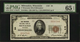 Wisconsin

Milwaukee, Wisconsin. $20 1929 Ty. 1. Fr. 1802-1. First Wisconsin NB of Milwaukee. Charter #64. PMG Gem Uncirculated 65 EPQ.

Bright pa...