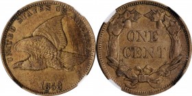 Flying Eagle Cent

1858 Flying Eagle Cent. Small Letters, Low Leaves (Style of 1858), Type III. AU-55 (NGC).

PCGS# 2020. NGC ID: 2279.

From th...
