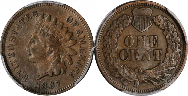Indian Cent

1867 Indian Cent. EF-40 (PCGS).

PCGS# 2088. NGC ID: 227R.

E...