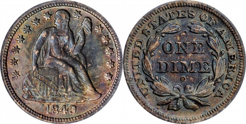 Liberty Seated Dime

1849-O Liberty Seated Dime. Fortin-104. Rarity-4. Repunch...