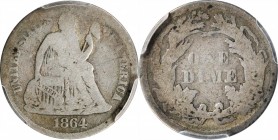 Liberty Seated Dime

1864 Liberty Seated Dime. Fortin-102a. Rarity-5. AG-3 (PCGS).

PCGS# 4639. NGC ID: 239M.

Estimate: $ 200