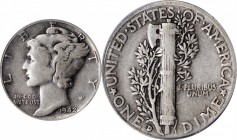 Mercury Dime

1942/1-D Mercury Dime. FS-101. VF-20 (PCGS).

PCGS# 5040. NGC ID: 23K6.

Estimate: $ 400