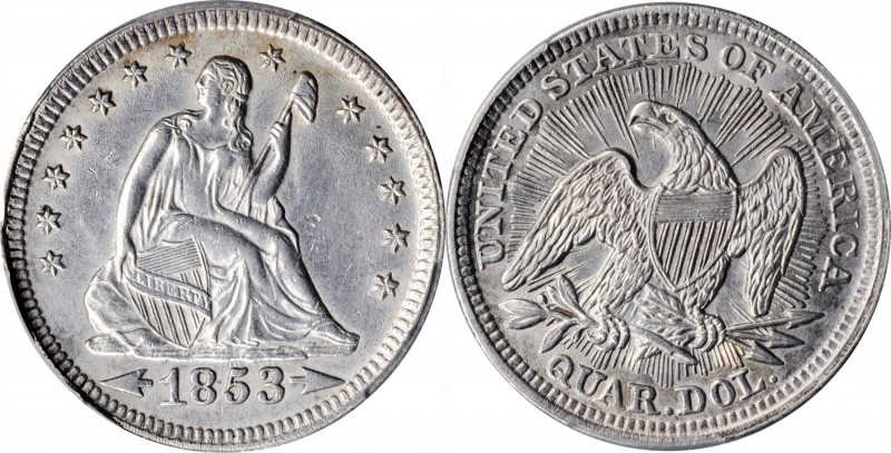 Liberty Seated Quarter

1853 Liberty Seated Quarter. Arrows and Rays. AU Detai...