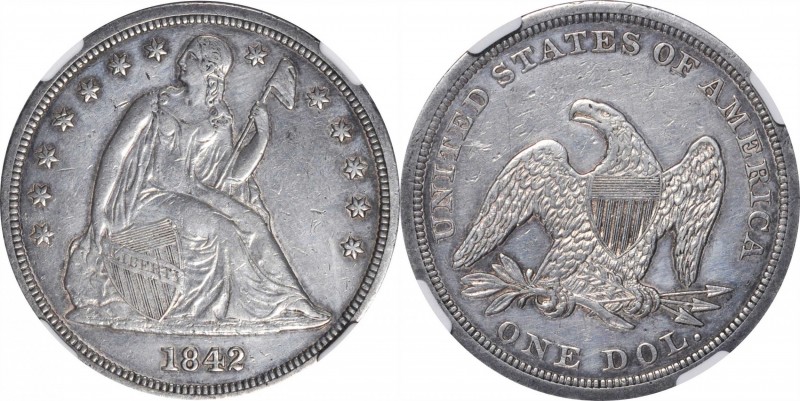 Liberty Seated Silver Dollar

1842 Liberty Seated Silver Dollar. OC-2. Rarity-...