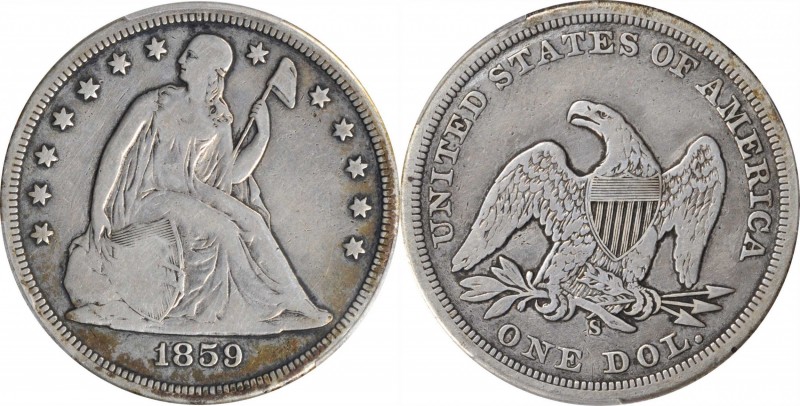 Liberty Seated Silver Dollar

1859-S Liberty Seated Silver Dollar. OC-2. Rarit...