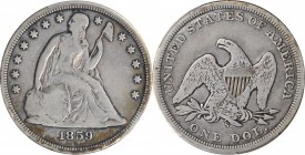 Liberty Seated Silver Dollar

1859-S Liberty Seated Silver Dollar. OC-2. Rarity-4. Repunched Date. Fine Details--Cleaned (PCGS).

PCGS# 6948. NGC ...
