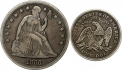 Liberty Seated Silver Dollar

1866 Liberty Seated Silver Dollar. OC-1. Rarity-2. Repunched Date, Doubled Die Reverse. VF Details--Rim Repaired (PCGS...