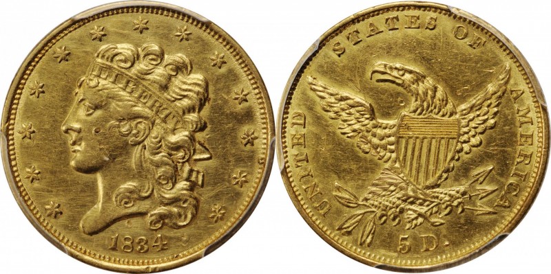 Classic Head Half Eagle

1834 Classic Head Half Eagle. HM-3. Rarity-2. Plain 4...