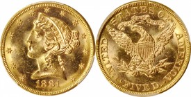 Liberty Head Half Eagle

1881 Liberty Head Half Eagle. MS-63 (PCGS).

PCGS# 8354. NGC ID: 25XD.

Estimate: $ 400