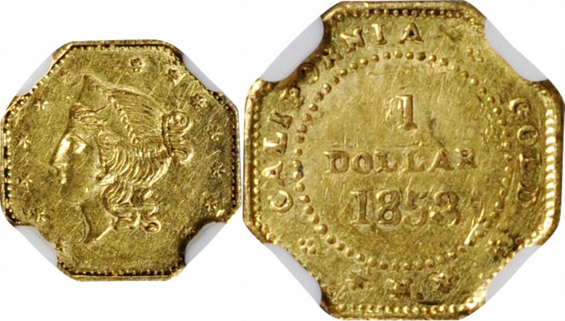 California Small Denomination Gold

1853-N Octagonal $1. BG-530. Rarity-2. Lib...