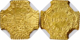 Western Gold Tokens

"1857" California Gold Token. Octagonal. Arms of California - Wreath #5. MS-64 (NGC).

11.2 mm.

Estimate: $ 200