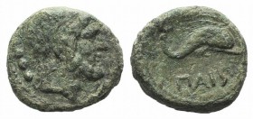 Northern Lucania, Paestum, c. 218-201 BC. Æ Quadrans (14mm, 3.22g, 12h). Laureate head of Poseidon r. R/ Dolphin l.; [above, caduceus r.]. Crawford 7/...