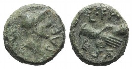 Northern Lucania, Paestum, c. 90-44 BC. Æ Semis (12mm, 3.31g, 4h). Helmeted and draped male bust r. R/ Clasped r. hands. Crawford 32; HNItaly 1250. Gr...