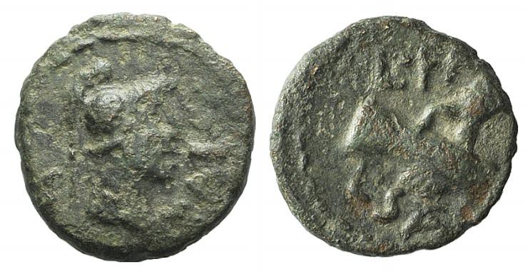 Northern Lucania, Paestum, c. 90-44 BC. Æ Semis (13mm, 2.47g, 10h). Helmeted and...