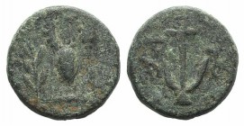 Northern Lucania, Paestum, c. 90-44 BC. Æ Semis (12.5mm, 2.76g, 12h). Laurel branch, jug and torch. R/ Anchor; retrograde S to r. Crawford 36; HNItaly...
