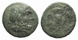 Northern Lucania, Velia, 4th-2nd centuries BC. Æ (12mm, 2.37g, 12h). Laureate head of Zeus r. R/ Owl standing facing, wings spread. HNItaly 1326; SNG ...