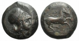 Sicily, Aitna, c. 354/3-344 BC. Æ (23mm, 16.58g, 7h). Head of Athena r., wearing Corinthian helmet. R/ Horse galloping r., reins trailing; M above. CN...