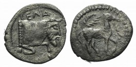 Sicily, Gela, c. 465-450 BC. AR Litra (11mm, 0.51g, 9h). Horse advancing r.; wreath above. R/ Forepart of man-headed bull r. Jenkins, Gela, Group III;...