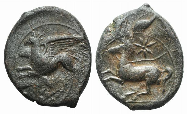 Sicily, "Kainon", c. 365 BC. Æ (25mm, 8.96g, 6h). Griffin springing l.; below, g...