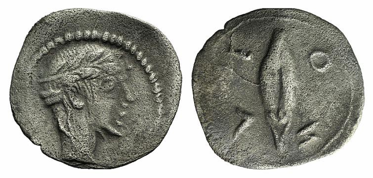 Sicily, Leontini, c. 450-440 BC. AR Litra (11mm, 0.42g, 12h). Diademed head of n...