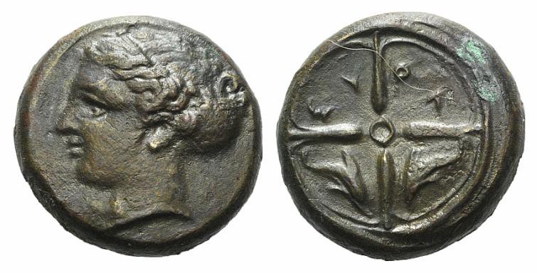 Sicily, Syracuse, c. 415-405 BC. Æ Hemilitron (14mm, 4.00g, 12h). Head of Arethu...