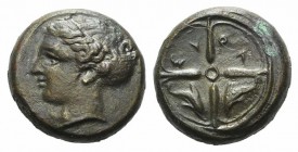 Sicily, Syracuse, c. 415-405 BC. Æ Hemilitron (14mm, 4.00g, 12h). Head of Arethusa l., hair in sphendone. R/ Wheel of four spokes; dolphins in lower q...