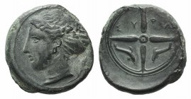 Sicily, Syracuse, c. 415-405 BC. Æ Hemilitron (15mm, 3.66g, 12h). Head of Arethusa l., hair in sphendone. R/ Wheel of four spokes; dolphins in lower q...