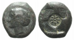 Sicily, Syracuse, 405-375 BC. Æ Hemilitron (15mm, 4.75g). Head of nymph l., hair in ampyx, wearing necklace and sphendone. R/ Sixteen-rayed star in ce...