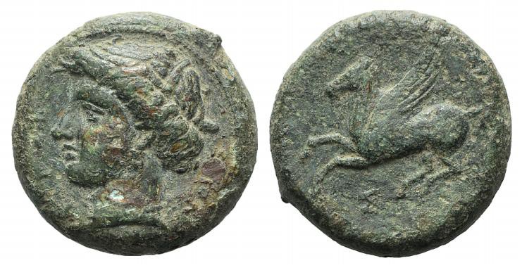 Sicily, Syracuse, 344-317 BC. Æ (20mm, 9.68g, 3h). Wreathed head of Persephone l...