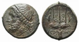 Sicily, Syracuse. Hieron II (274-216 BC). Æ (22mm, 9.02g, 3h), c. 263-218 BC. Head of Poseidon l., wearing tainia. R/ Ornamented trident head flanked ...