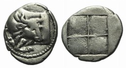 Macedon, Akanthos, c. 470-390 BC. AR Tetrobol (14mm, 2.23g). Forepart of bull l., head r. R/ Quadripartite incuse square with granulated recesses. SNG...