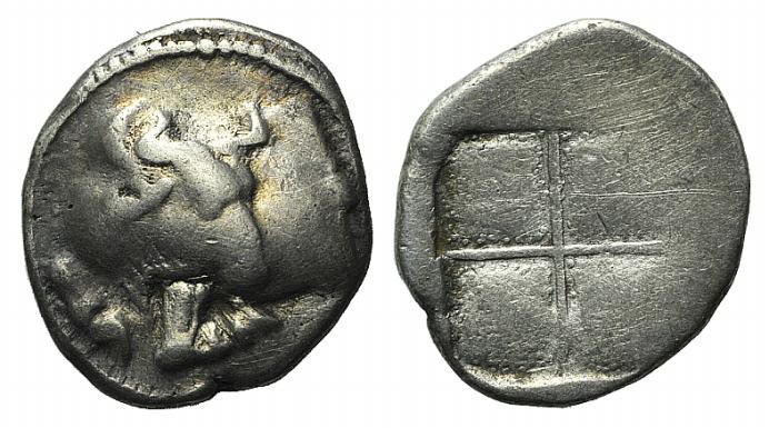 Macedon, Akanthos, c. 470-390 BC. AR Tetrobol (14mm, 2.34g). Forepart of bull l....