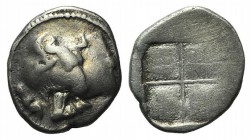 Macedon, Akanthos, c. 470-390 BC. AR Tetrobol (14mm, 2.34g). Forepart of bull l., head r. R/ Quadripartite incuse square with granulated recesses. SNG...