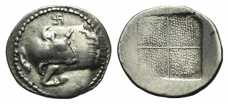 Macedon, Akanthos, c. 470-390 BC. AR Tetrobol (16mm, 2.26g). Forepart of bull l....