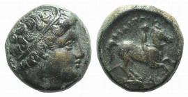 Kings of Macedon, Philip II (359-336 BC). Æ Unit (15mm, 5.90g, 12h). Uncertain mint in Macedon. Diademed head of Apollo r. R/ Youth on horseback ridin...