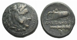 Kings of Macedon, Alexander III ‘the Great’ (336-323 BC). Æ (18mm, 6.10g, 3h). Macedonian mint, lifetime issue. Head of Herakles r., wearing lion skin...
