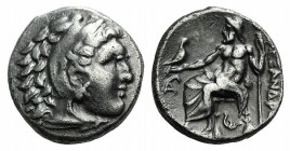 Kings of Macedon, Philip III (323-317 BC). AR Drachm (15mm, 4.21g, 1h). In the name of Alexander III. Lampsakos. Head of Herakles r., wearing lion ski...