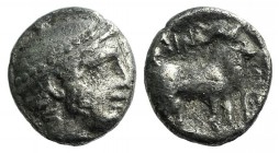 Thrace, Ainos, c. 427/6-425/4 BC. AR Diobol (9mm, 1.04g, 12h). Head of Hermes r., wearing petasos. R/ Goat standing r.; vine tendril before. May, Aino...