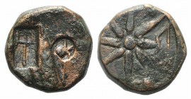 Pontos, Uncertain (Amisos?), c. 130-100 BC. Æ (19mm, 10.29g, 9h). Quiver; c/m: helmet within incuse circle and trident within incuse rectangle. R/ Eig...