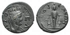 Bithynia, Prusa ad Olympum. Pseudo-autonomous issue, 2nd-3rd centuries AD. Æ (20mm, 4.54g, 7h). Turreted, veiled and draped bust of Tyche r. R/ Cult s...