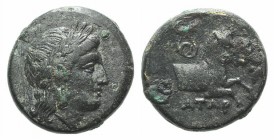 Mysia, Atarneos, c. 400 BC. Æ (16mm, 4.397g, 3h). Laureate head of Apollo r. R/ Forepart of horse r., serpent above. SNG BnF 126-8; SNG Copenhagen 24;...
