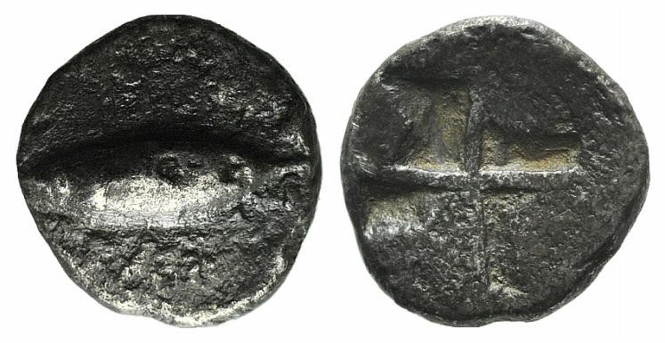 Mysia, Kyzikos, c. 600-550 BC. AR Obol (7mm, 0.52g). Tunny fish l. R/ Quadripart...