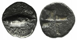 Mysia, Kyzikos, c. 600-550 BC. AR Obol (7mm, 0.52g). Tunny fish l. R/ Quadripartite incuse square. Von Fritze II 5; SNG von Aulock 7328. VF
