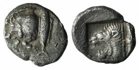 Mysia, Kyzikos, c. 450-400 BC. AR Diobol (10mm, 1.24g, 3h). Forepart of boar l.; to r., tunny upward. R/ Head of roaring lion l. within incuse square....