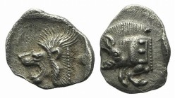 Mysia, Kyzikos, c. 450-400 BC. AR Obol (11mm, 0.82g, 9h). Forepart of boar l., retrograde E on shoulder; to r., tunny upward. R/ Head of lion l. withi...