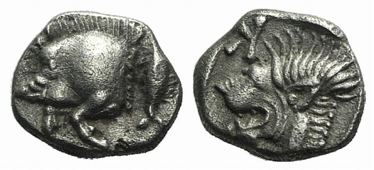 Mysia, Kyzikos, c. 450-400 BC. AR Obol (8mm, 0.81g, 12h). Forepart of boar l.; t...