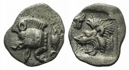 Mysia, Kyzikos, c. 450-400 BC. AR Hemiobol (7mm, 0.34g, 11h). Forepart of boar l., retrograde K on shoulder; to r., tunny upward. R/ Head of lion l.; ...