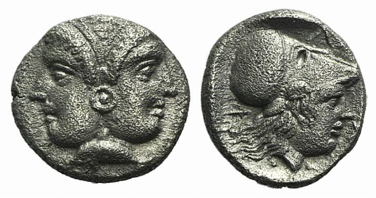 Mysia, Lampsakos, 4th-3rd centuries BC. AR Diobol (10mm, 1.18g, 9h). Female jani...